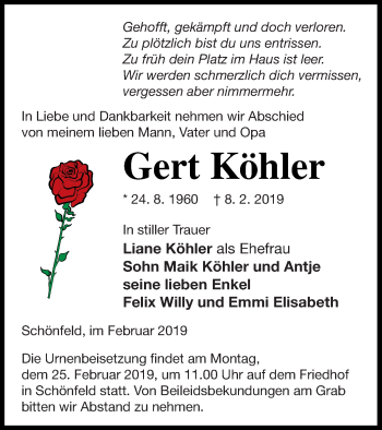 Traueranzeige von Gert Köhler von Prenzlauer Zeitung