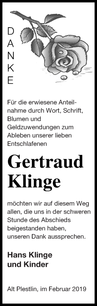 Traueranzeige von Gertraud Klinge von Vorpommern Kurier