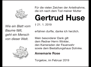 Traueranzeige von Gertrud Huse von Haff-Zeitung