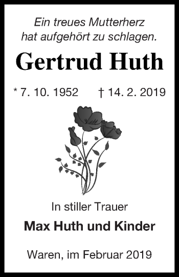 Traueranzeige von Gertrud Huth von Müritz-Zeitung