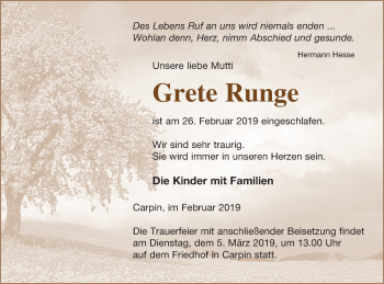 Traueranzeige von Grete Runge von Strelitzer Zeitung