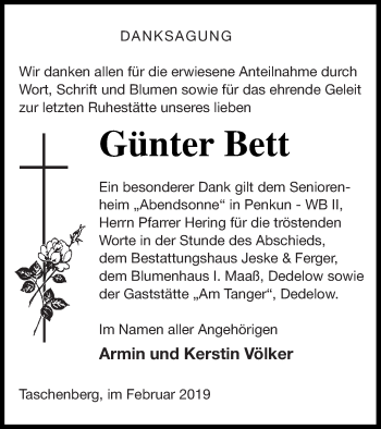 Traueranzeige von Günter Bett von Prenzlauer Zeitung