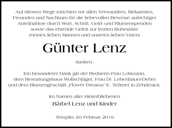 Traueranzeige von Günter Lenz von Templiner Zeitung