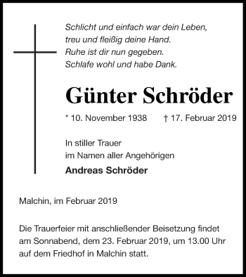 Traueranzeige von Günter Schröder von Mecklenburger Schweiz