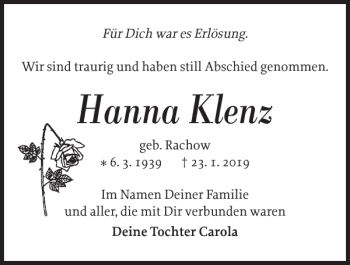 Traueranzeige von Hanna Klenz von Zeitung für die Landeshauptstadt