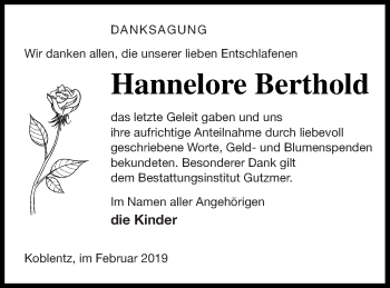 Traueranzeige von Hannelore Berthold von Pasewalker Zeitung