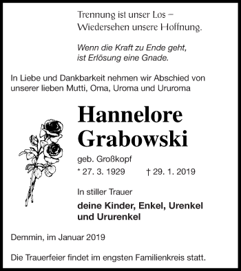 Traueranzeige von Hannelore Grabowski von Demminer Zeitung