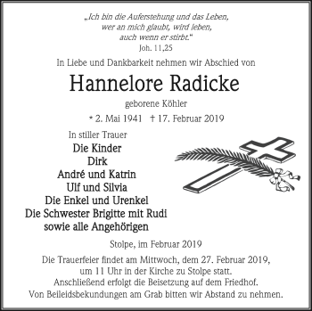 Traueranzeige von Hannelore Radicke von Vorpommern Kurier