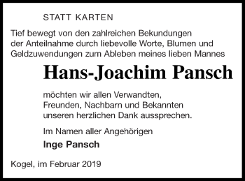 Traueranzeige von Hans-Joachim Pansch von Müritz-Zeitung