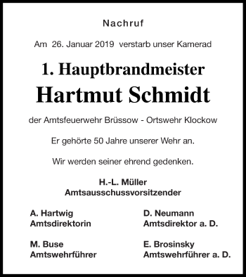 Traueranzeige von Hartmut Schmidt von Prenzlauer Zeitung