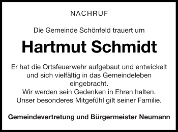 Traueranzeige von Hartmut Schmidt von Prenzlauer Zeitung