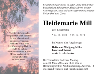 Traueranzeige von Heidemarie Mill von Neubrandenburger Zeitung