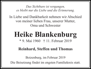 Traueranzeige von Heike Blankenburg von Hagenower Kreisblatt