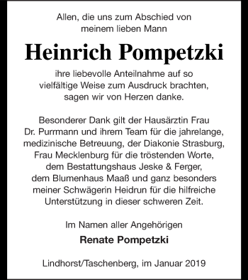 Traueranzeige von Heinrich Pompetzki von Prenzlauer Zeitung