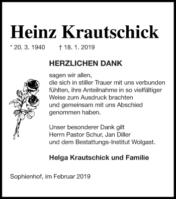 Traueranzeige von Heinz Krautschick von Müritz-Zeitung