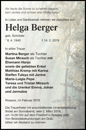 Traueranzeige von Helga Berger von Pasewalker Zeitung