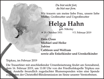 Traueranzeige von Helga Hahn von Hagenower Kreisblatt