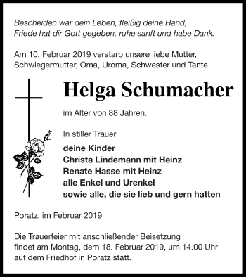 Traueranzeige von Helga Schumacher von Templiner Zeitung