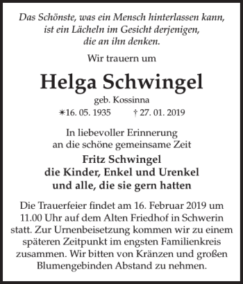 Traueranzeige von Helga Schwingel von Zeitung für die Landeshauptstadt