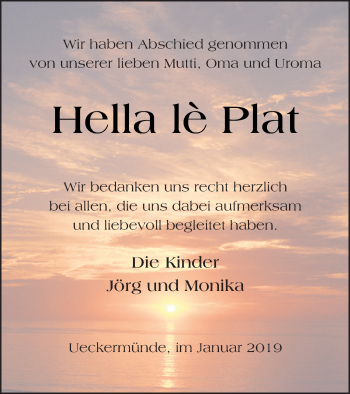 Traueranzeige von Hella le Plat von Haff-Zeitung