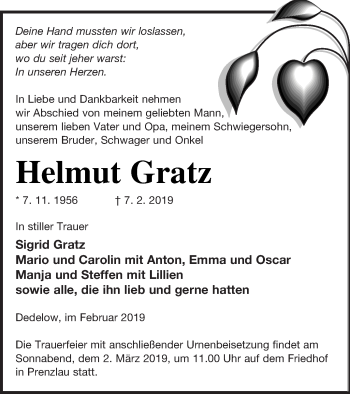 Traueranzeige von Helmut Gratz von Prenzlauer Zeitung