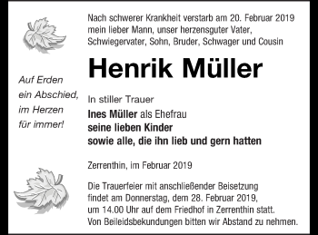 Traueranzeige von Henrik Müller von Pasewalker Zeitung