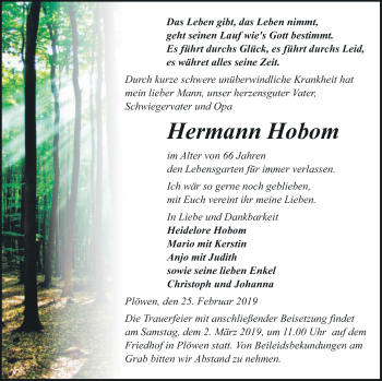 Traueranzeige von Hermann Hobom von Pasewalker Zeitung