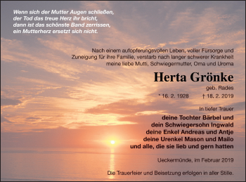 Traueranzeige von Herta Grönke von Haff-Zeitung
