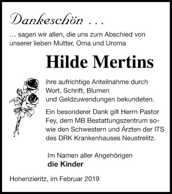 Traueranzeige von Hilde Mertins von Strelitzer Zeitung