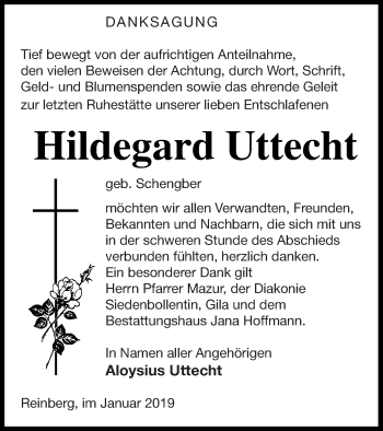 Traueranzeige von Hildegard Uttecht von Neubrandenburger Zeitung