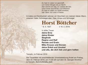 Traueranzeige von Horst Böttcher von Templiner Zeitung