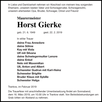 Traueranzeige von Horst Gierke von Vorpommern Kurier