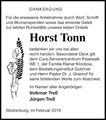 Traueranzeige von Horst Tonn von Pasewalker Zeitung