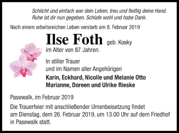 Traueranzeige von Ilse Foth von Pasewalker Zeitung