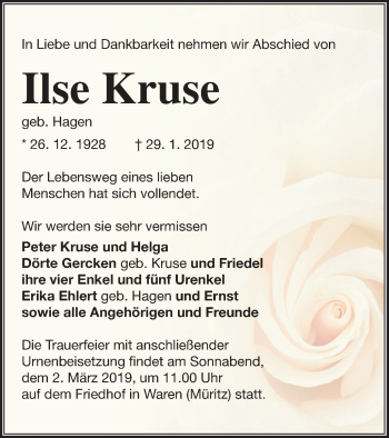 Traueranzeige von Ilse Kruse von Müritz-Zeitung