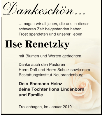 Traueranzeige von Ilse Renetzky von Neubrandenburger Zeitung