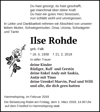 Traueranzeige von Ilse Rohde von Templiner Zeitung