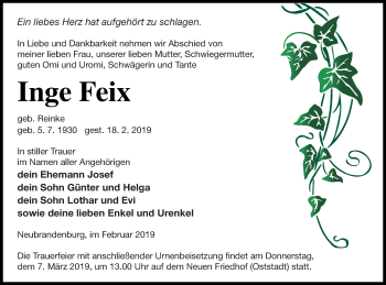 Traueranzeige von Inge Feix von Neubrandenburger Zeitung