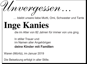 Traueranzeige von Inge Kanies von Müritz-Zeitung