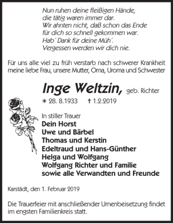 Traueranzeige von Inge Weltzin von Der Prignitzer