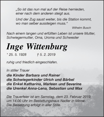 Traueranzeige von Inge Wittenburg von Strelitzer Zeitung