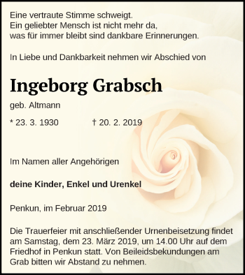 Traueranzeige von Ingeborg Grabsch von Pasewalker Zeitung