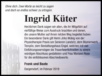 Traueranzeige von Ingrid Küter von Templiner Zeitung