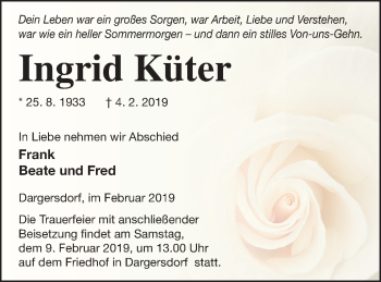 Traueranzeige von Ingrid Küter von Templiner Zeitung