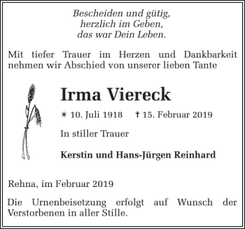 Traueranzeige von Irma Viereck von Gadebusch-Rehnaer Zeitung