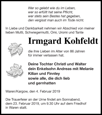 Traueranzeige von Irmgard Kohfeldt von Müritz-Zeitung