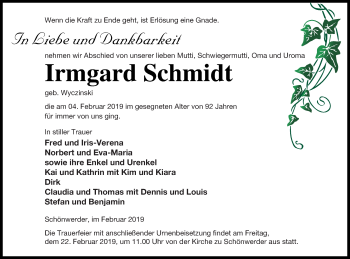 Traueranzeige von Irmgard Schmidt von Prenzlauer Zeitung