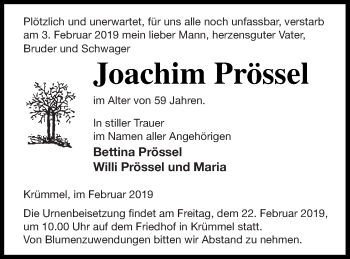 Traueranzeige von Joachim Prössel von Müritz-Zeitung