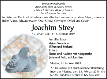 Traueranzeige von Joachim Strey von Vorpommern Kurier