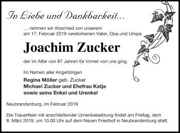 Traueranzeige von Joachim Zucker von Neubrandenburger Zeitung